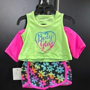 Body Glove 3 piece set,elastic waist floral shorts, keyhole back neon green top